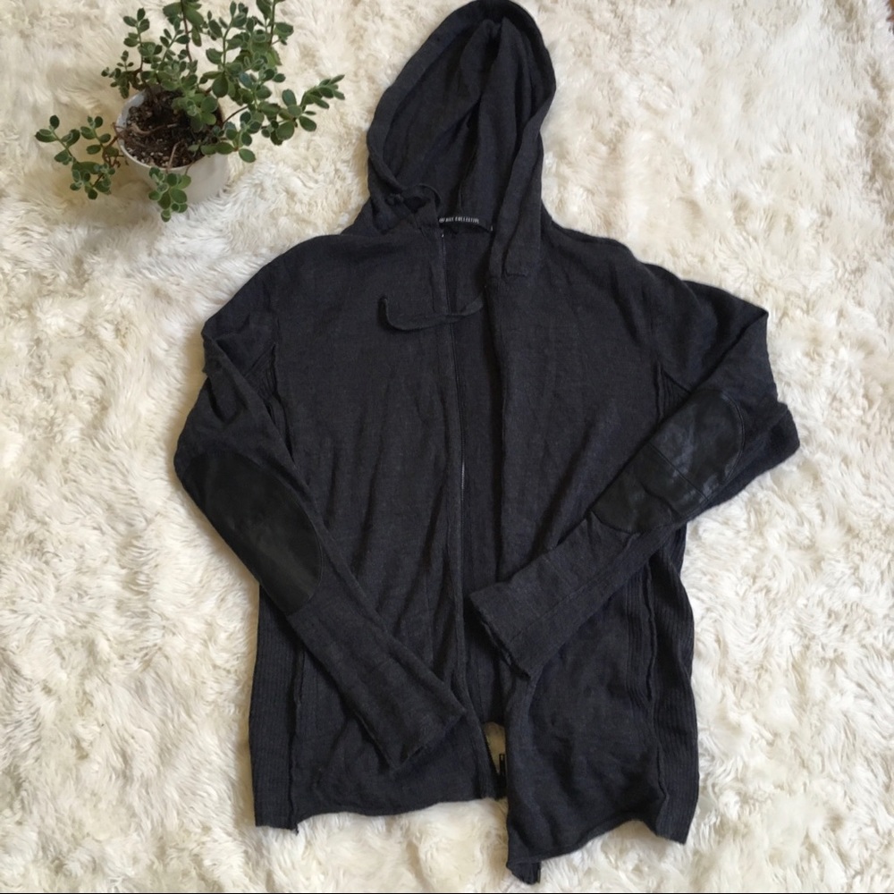 Nice Collective merino hoodie, leather elbow patches
